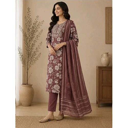 Womens Rust  Floral Printed Rayon Fabric Kurtha Set With Dupatta
