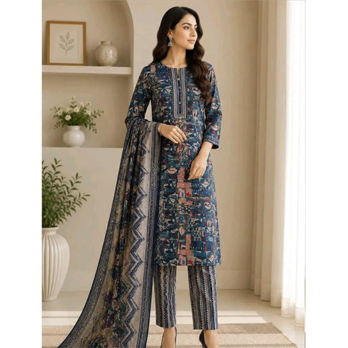 Womens Blue Floral Printed Rayon Fabric Kurtha Set With Dupatta