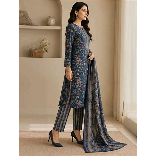 Womens Blue Floral Printed Rayon Fabric Kurtha Set With Dupatta
