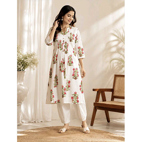 Womens White  Printed Kurta With Pant Set