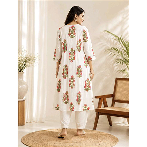 Womens White  Printed Kurta With Pant Set