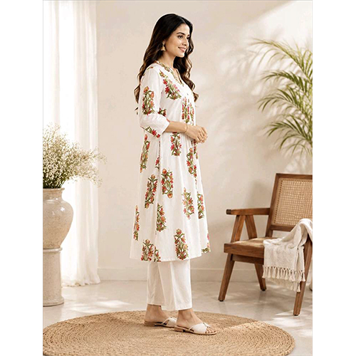 Womens White  Printed Kurta With Pant Set