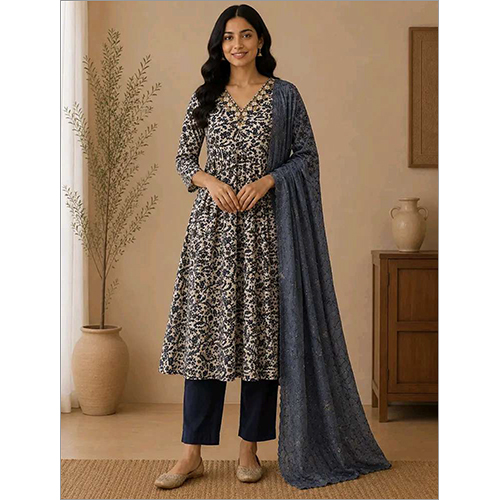 Womens Slate Blue Floral Printed Rayon Fabric Kurtha Set With Dupatta