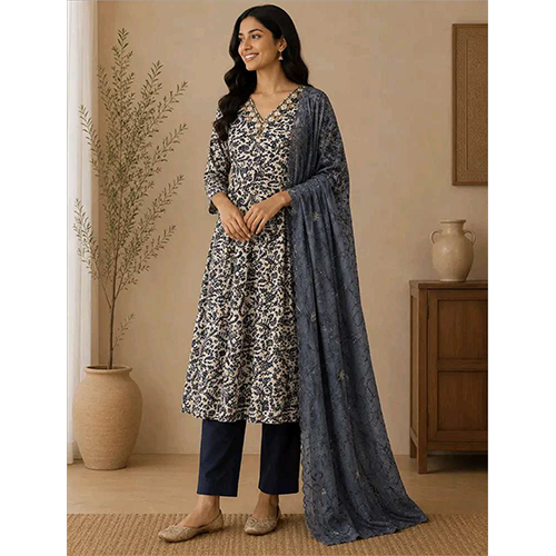 Womens Slate Blue Floral Printed Rayon Fabric Kurtha Set With Dupatta