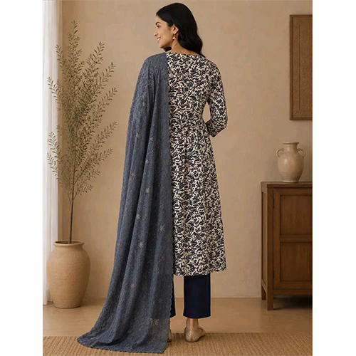 Womens Slate Blue Floral Printed Rayon Fabric Kurtha Set With Dupatta