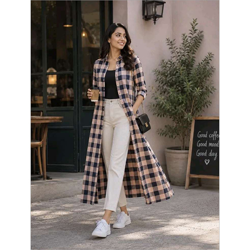 Womens Peach Checked Longline Shrug