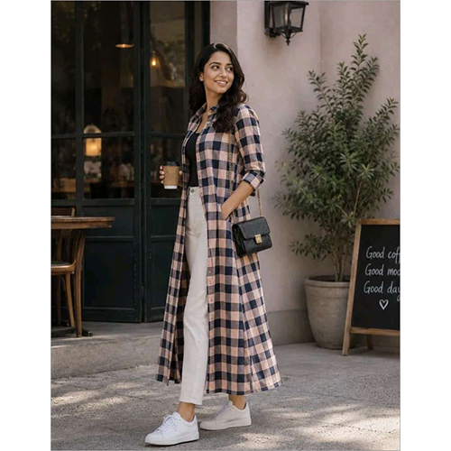 Womens Peach Checked Longline Shrug