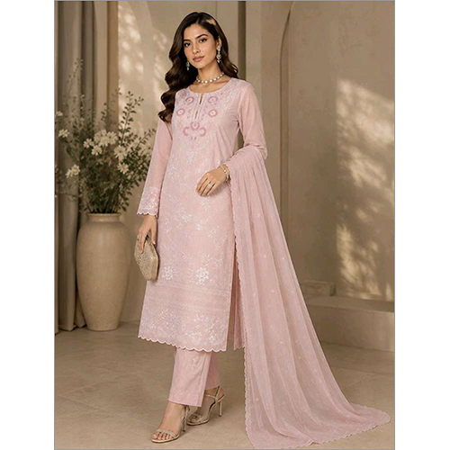 Womens Light Pink Printed And Embroidered Kurta Sets With Dupatta