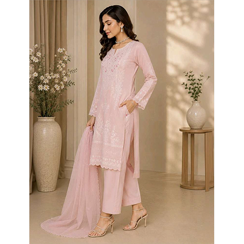 Womens Light Pink Printed And Embroidered Kurta Sets With Dupatta