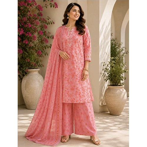 Womens Pink Printed And Embroidered Kurta Sets With Dupatta