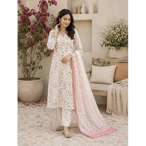 Womens White Printed Kurta Set With Dupatta