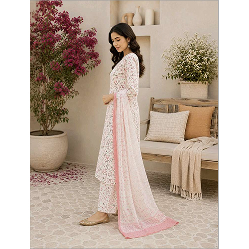 Womens White Printed Kurta Set With Dupatta
