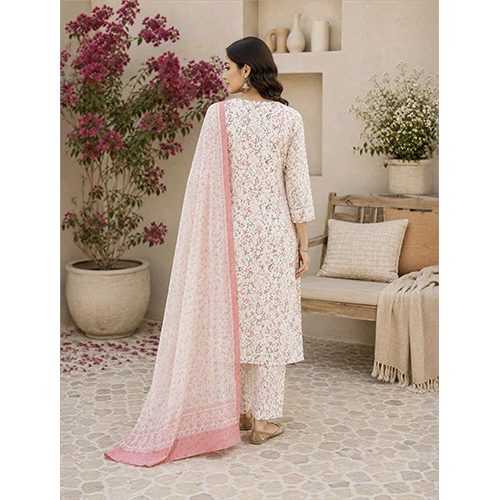 Womens White Printed Kurta Set With Dupatta