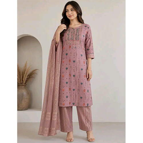 Womens Dusky Mauve pink  Floral Printed Rayon Fabric Kurtha Set With Dupatta