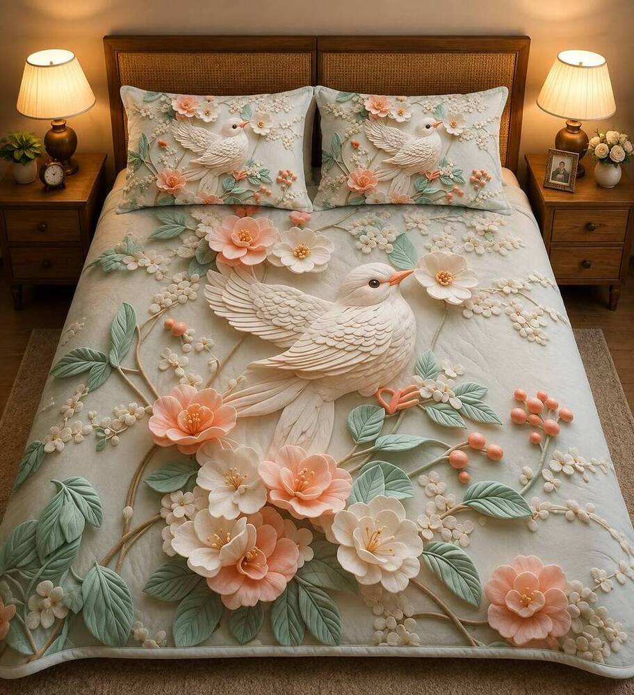 3D Bird Printed Double Bedsheet