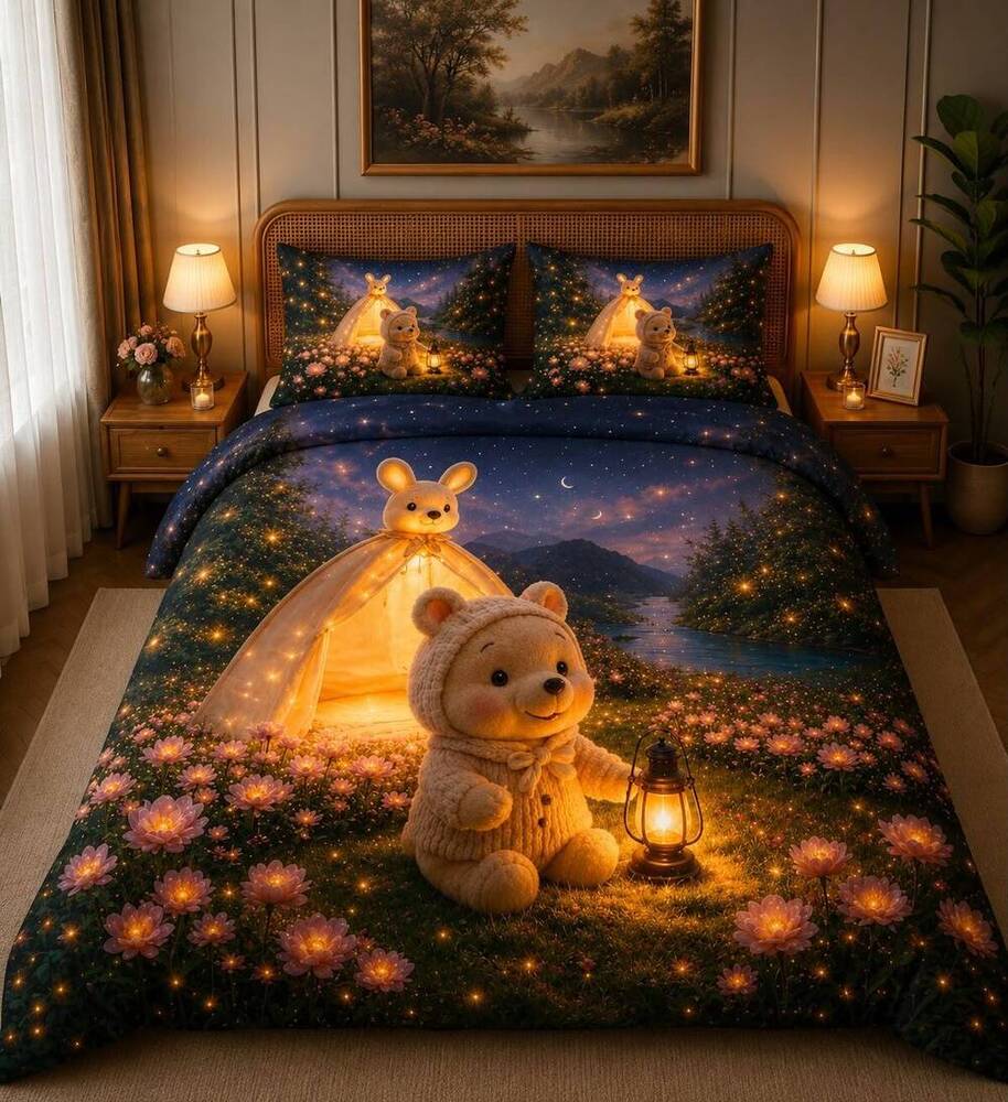 3D Lamp teddy Printed Double Bedsheet
