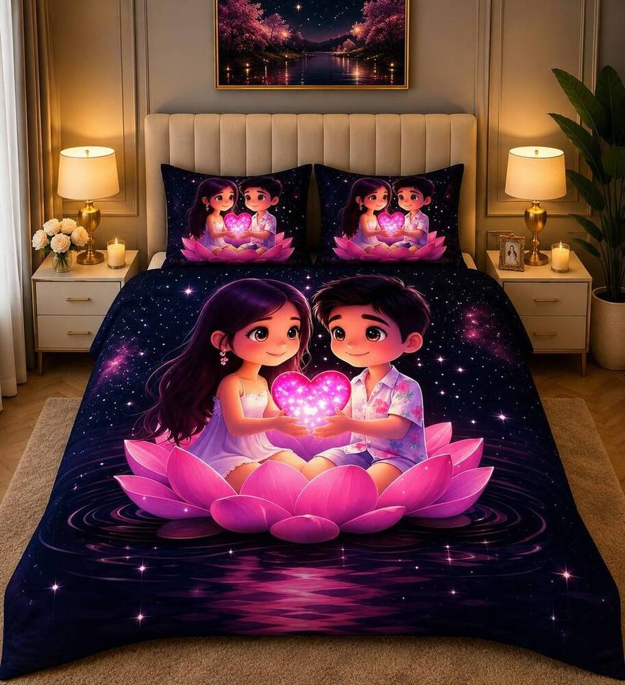 Lotus Couple Printed Double Bedsheet
