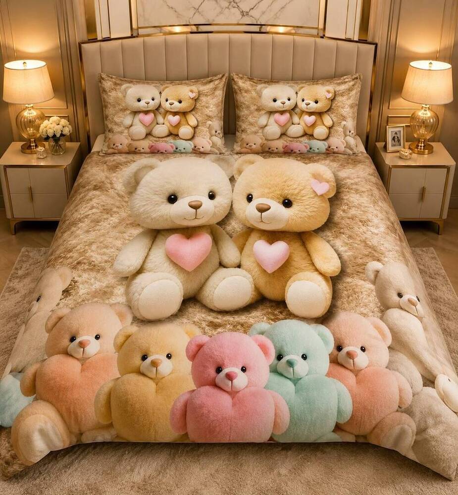 Multi Teddy Printed Double Bedsheet