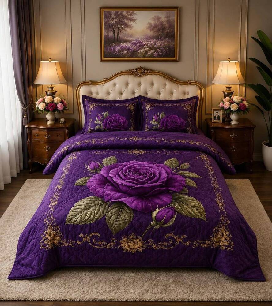 Purple Flower Printed Double Bedsheet