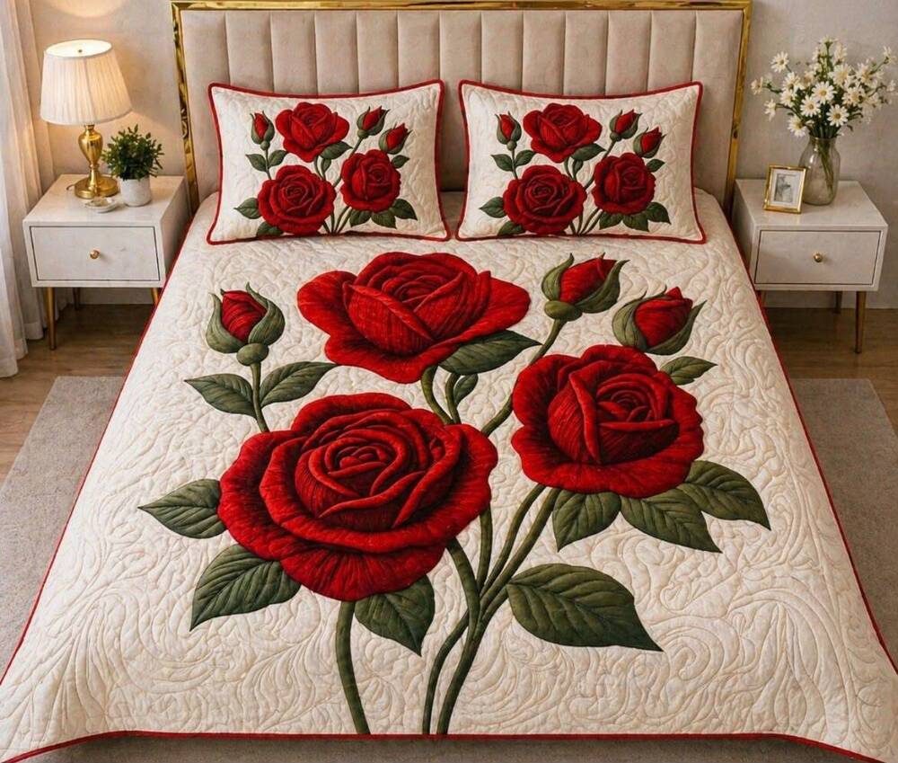 Triple Rose Printed Double Bedsheet
