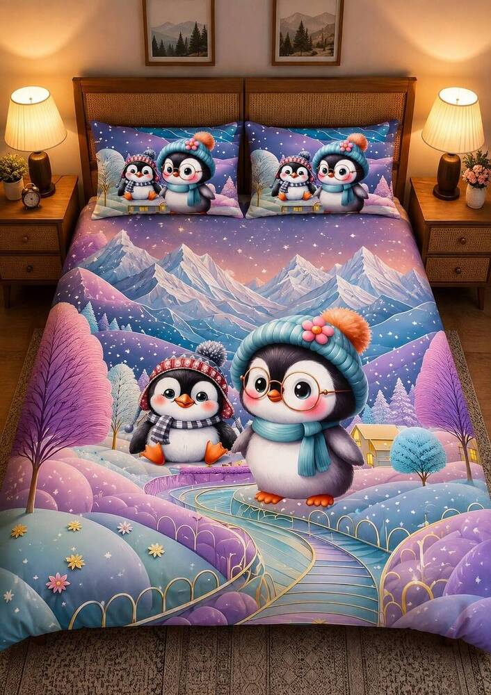 Twin Penguin Printed Double Bedsheet