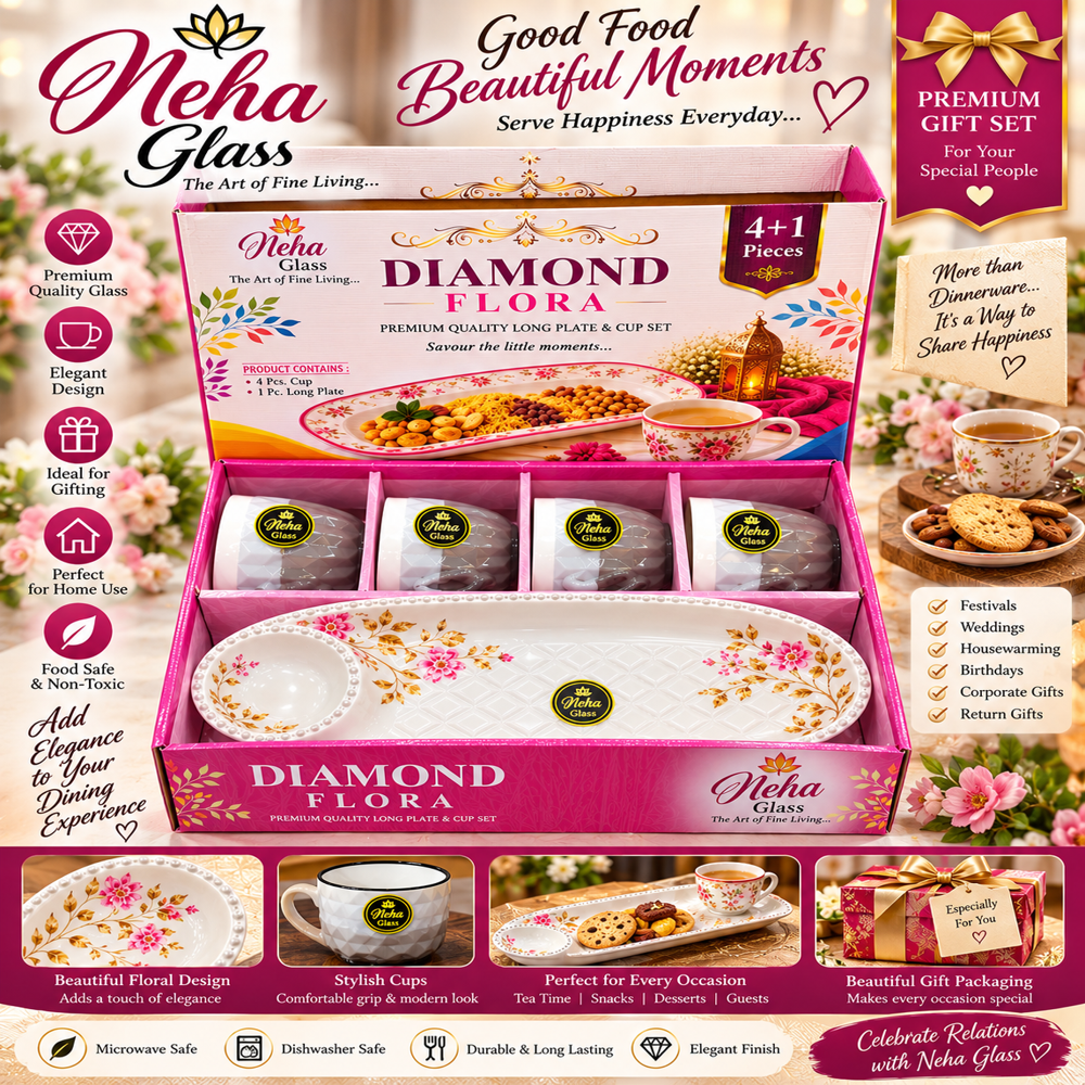 4 Cups With Long Serving Plate Set - Ceramic Type: Premium Ceramic