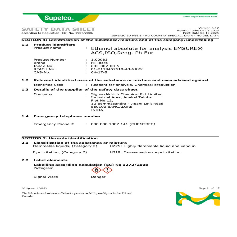 Merck Ethanol Absolute Lab Reagent LR Grade 99.99% 500ml