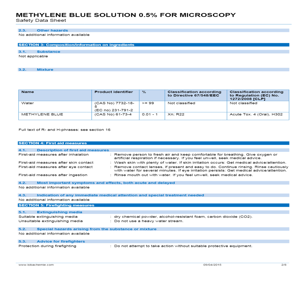 Methylene Blue Solution For Microscopy 500ml