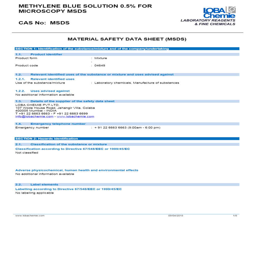 Methylene Blue Solution For Microscopy 500ml