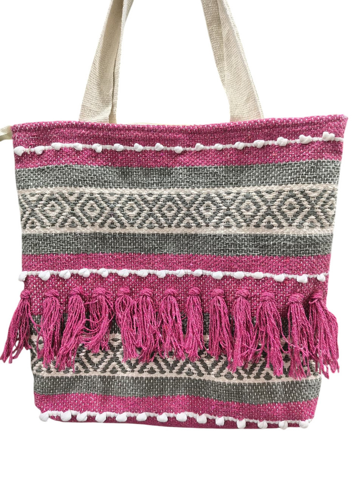 Pink And Gray Woven Tote Bag