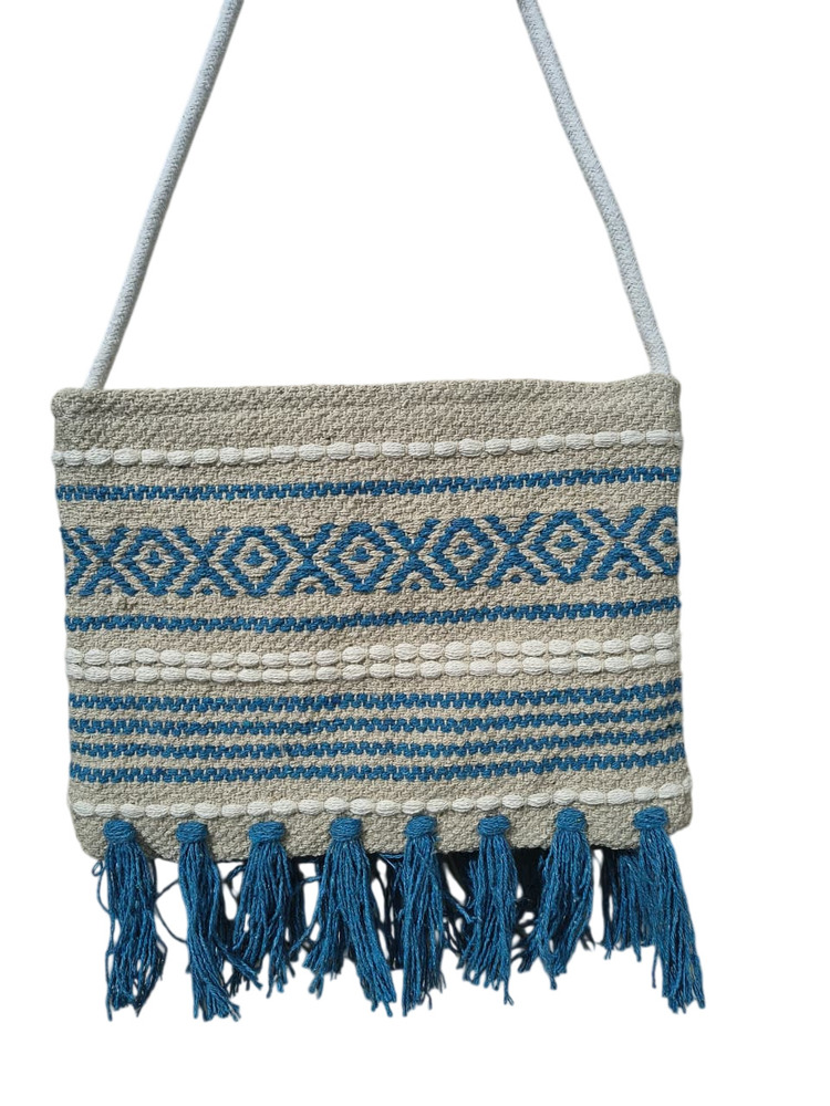 Blue And Off White Woven Fabric Sling Bag