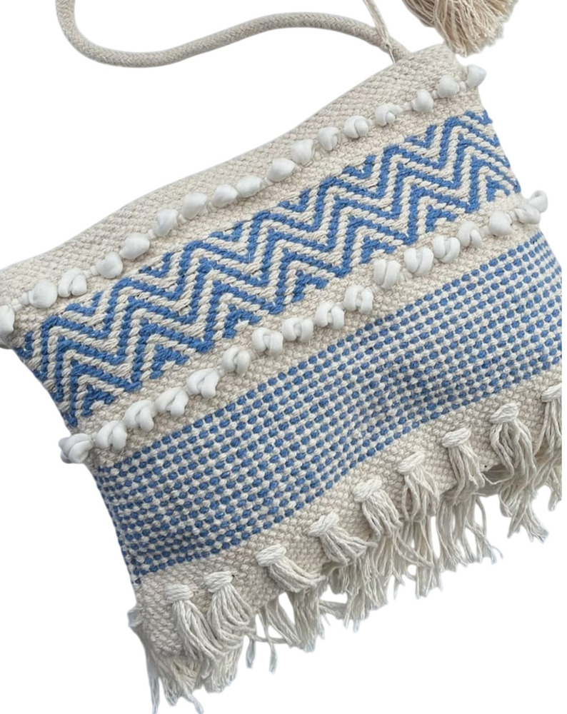 Cream And Blue Woven Boho Sling Bag