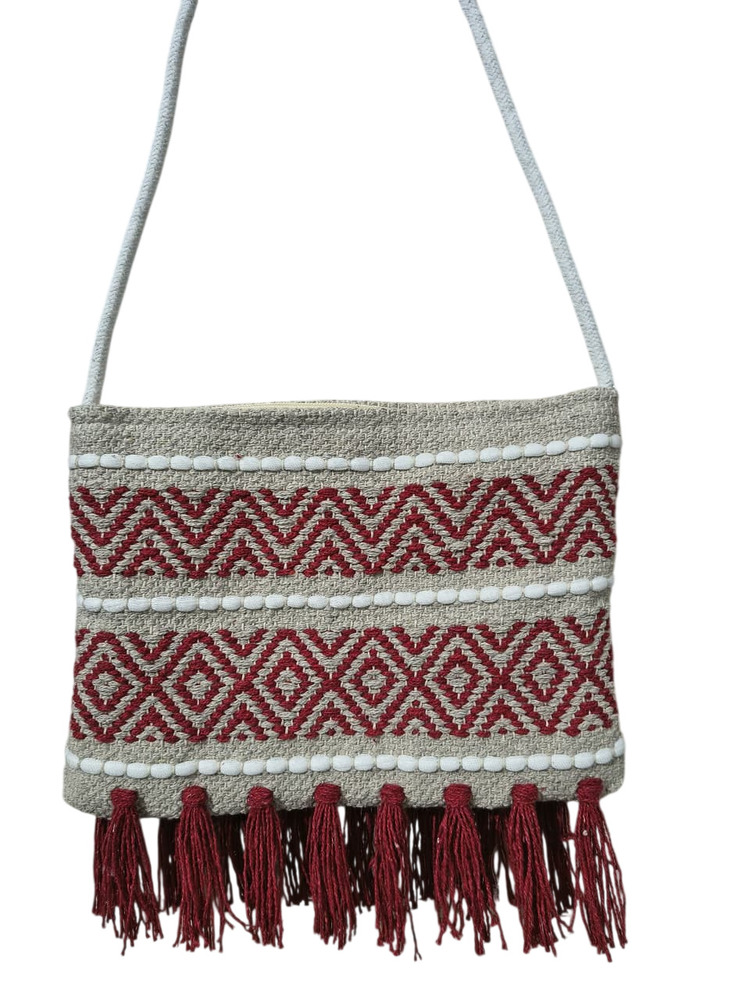 Cream And Dark Red Canvas Sling Bag