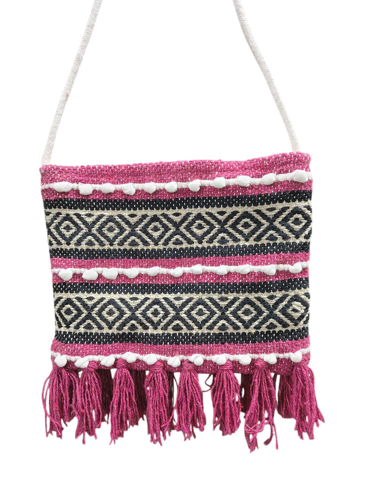 Pink And Black Handwoven Cotton Boho Sling Bag