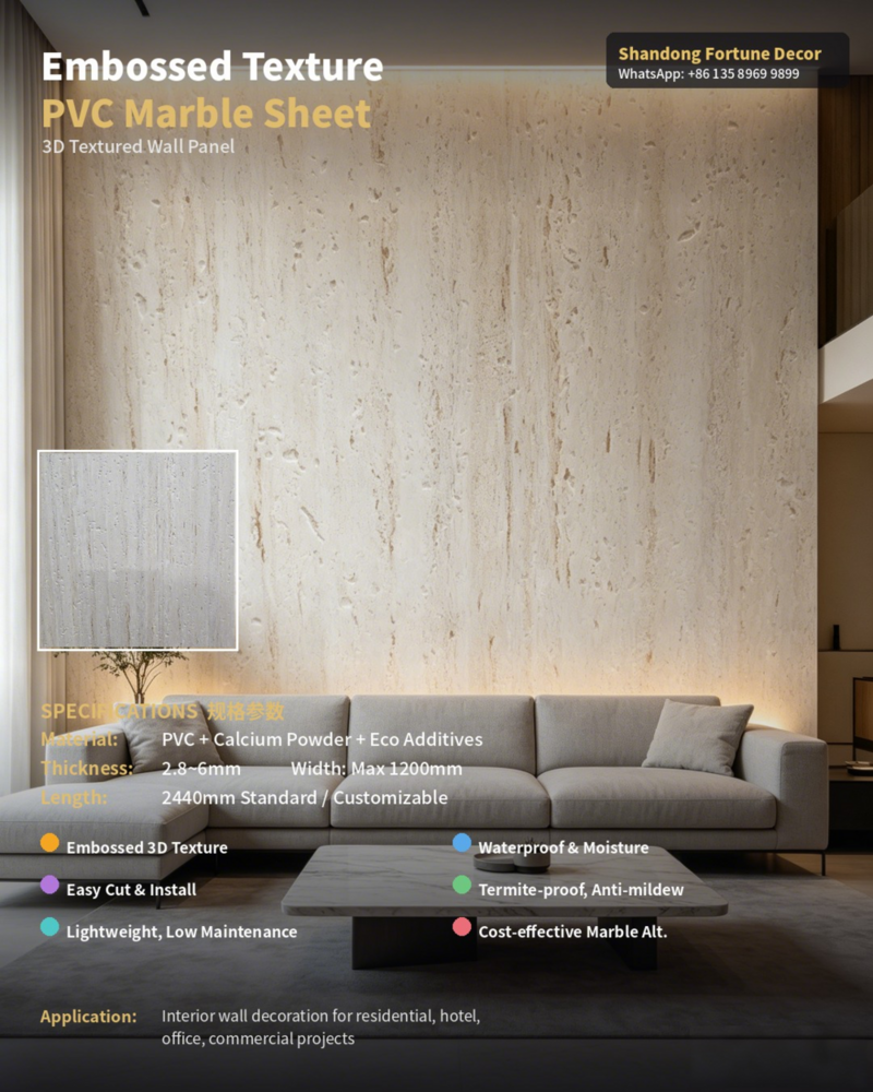 Embossed Texture Pvc Marble Wall Panel - Dimension (L*W*H): 2400Mm Standard | Customizable