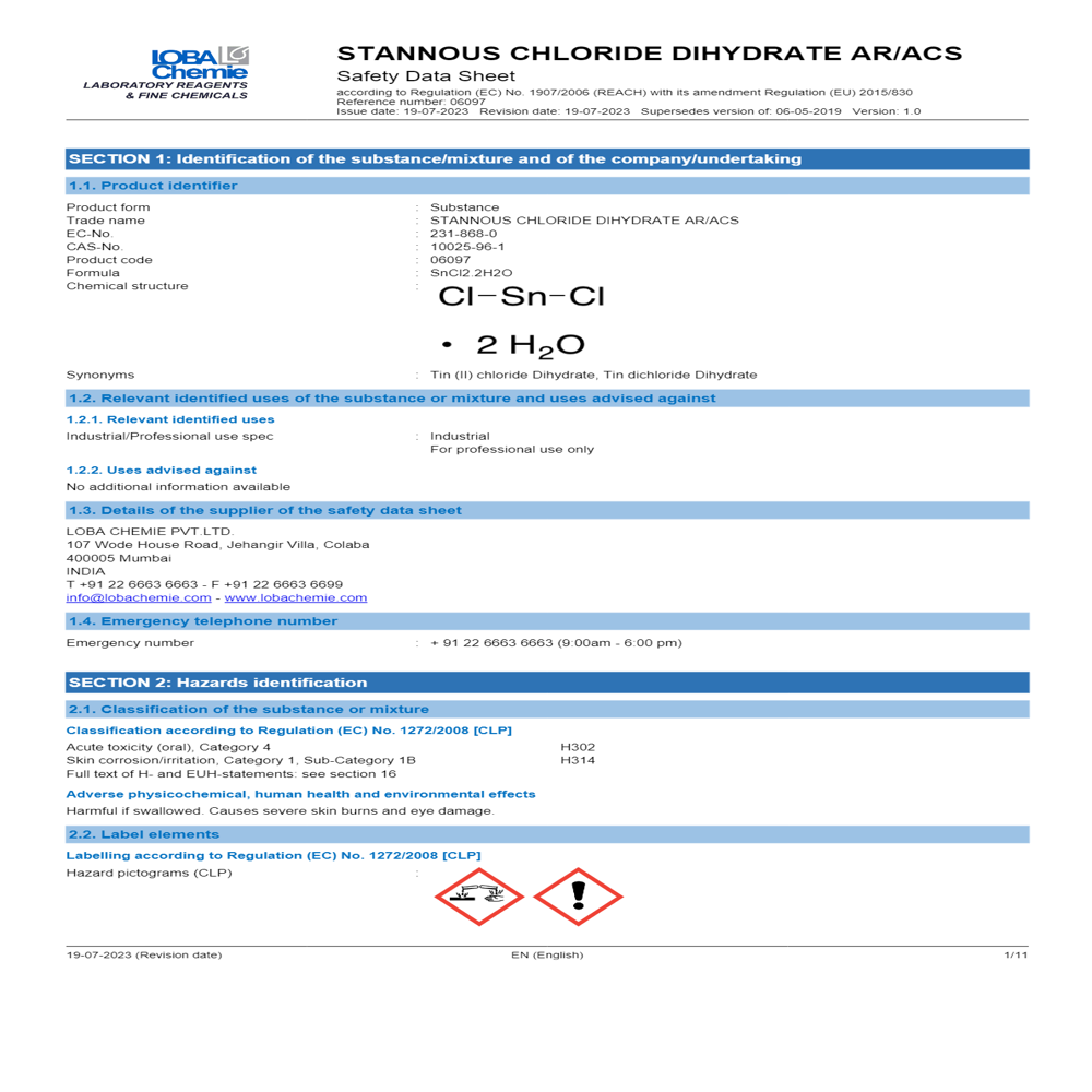 Stannous Chloride Dihydrate 98% AR ACS 100g