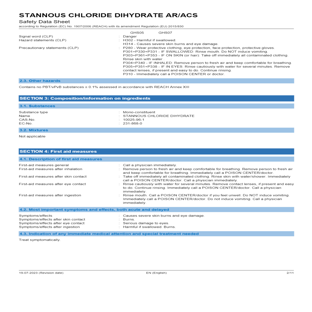 Stannous Chloride Dihydrate 98% AR ACS 100g