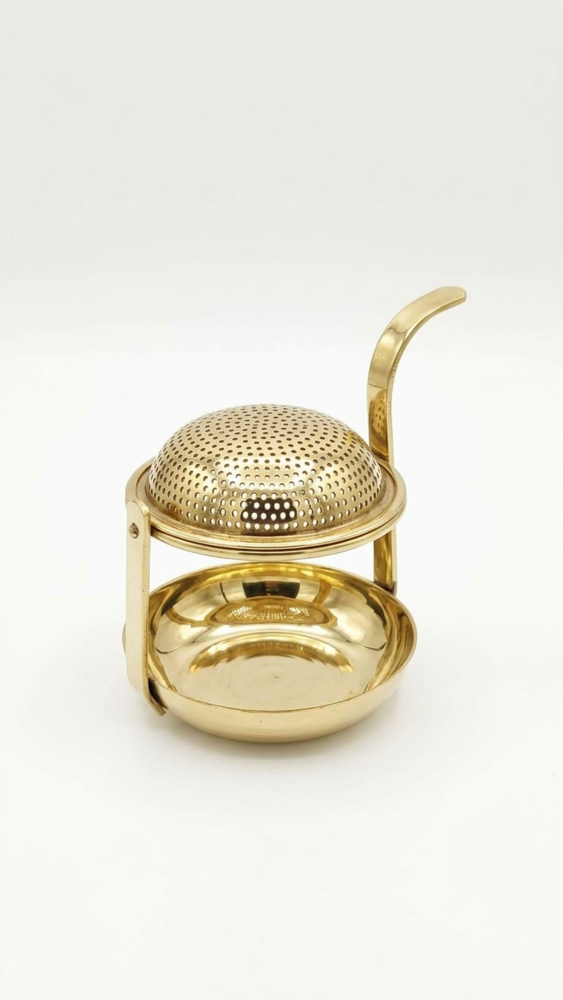 Brass Tea Strainer With Drip Bowl Stand - Color: Gold