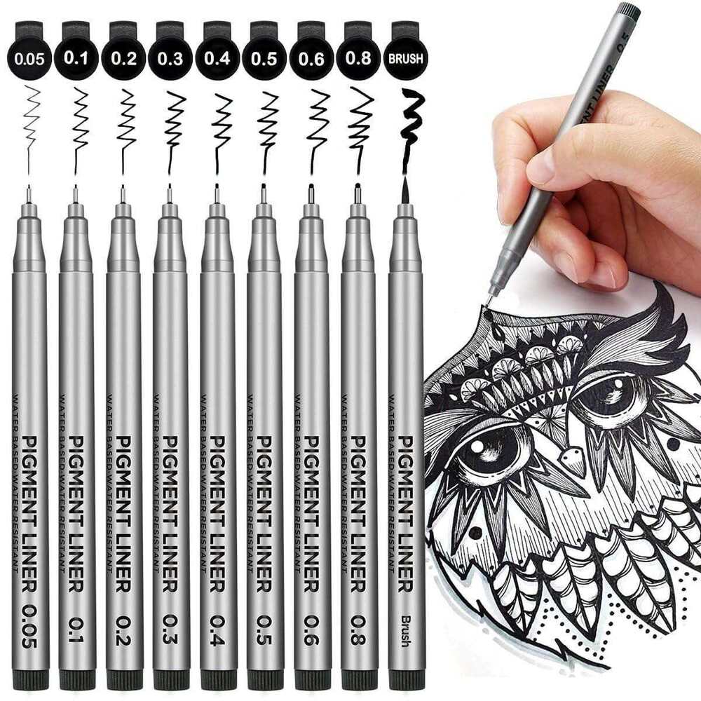 9 Pcs Black Micro-pen Fineliner Drawing Ink Pens