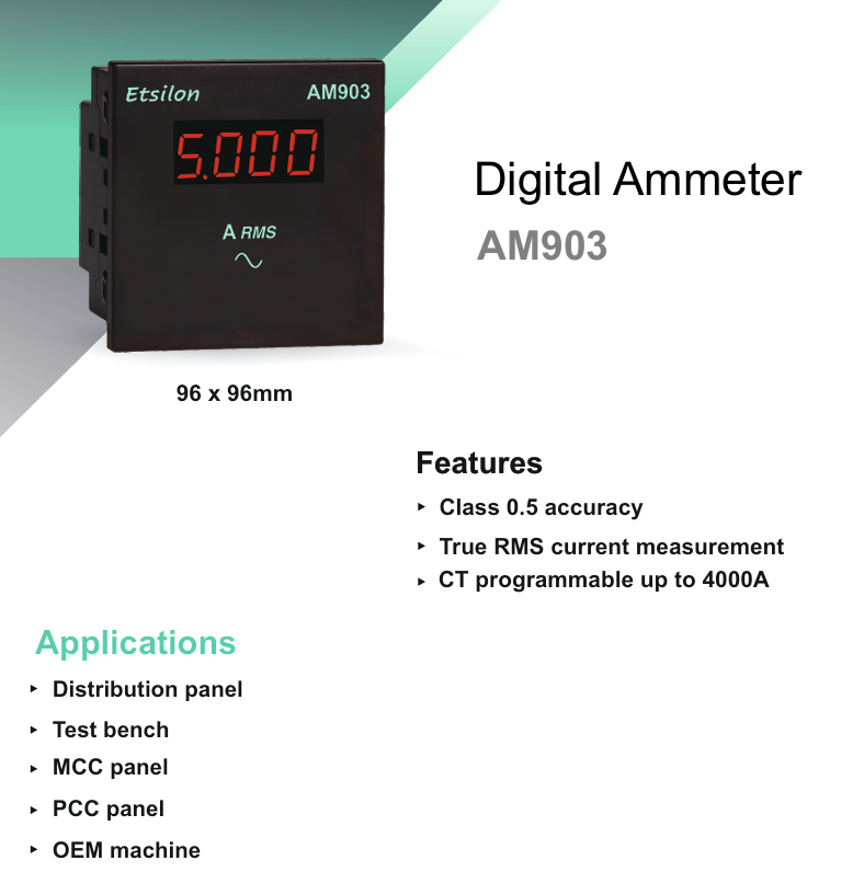 Etsilon Am903 Ac Ampere Meter - Plastic Housing, Black Panel, Digital Display, 270v, Single Phase