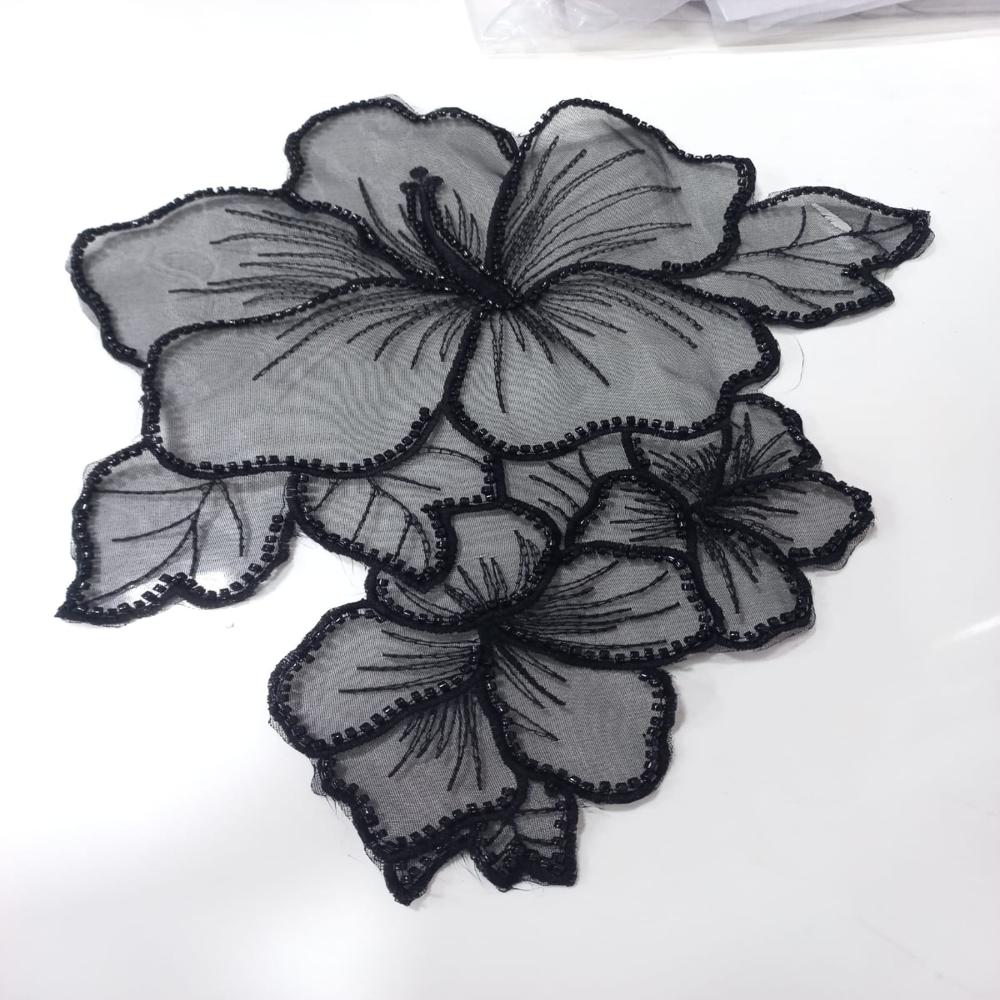 Premium Black Hibiscus Beaded Embroidered Applique