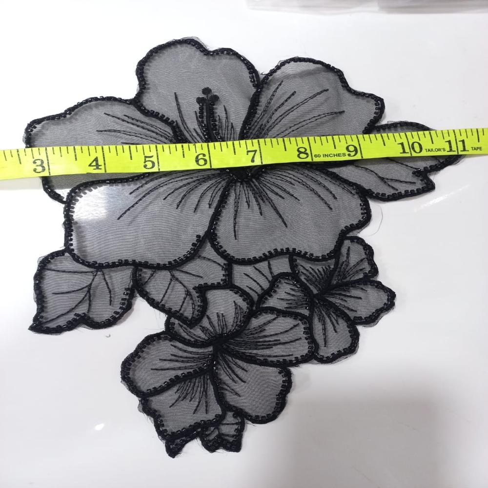 Premium Black Hibiscus Beaded Embroidered Applique