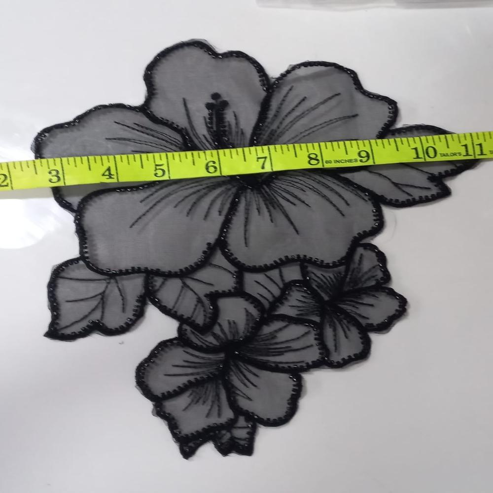 Premium Black Hibiscus Beaded Embroidered Applique
