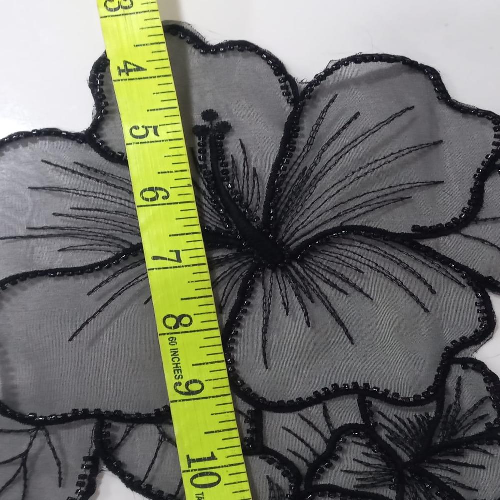 Premium Black Hibiscus Beaded Embroidered Applique