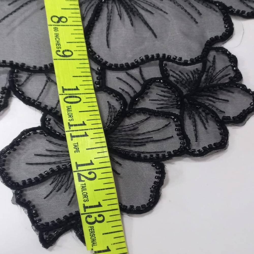 Premium Black Hibiscus Beaded Embroidered Applique