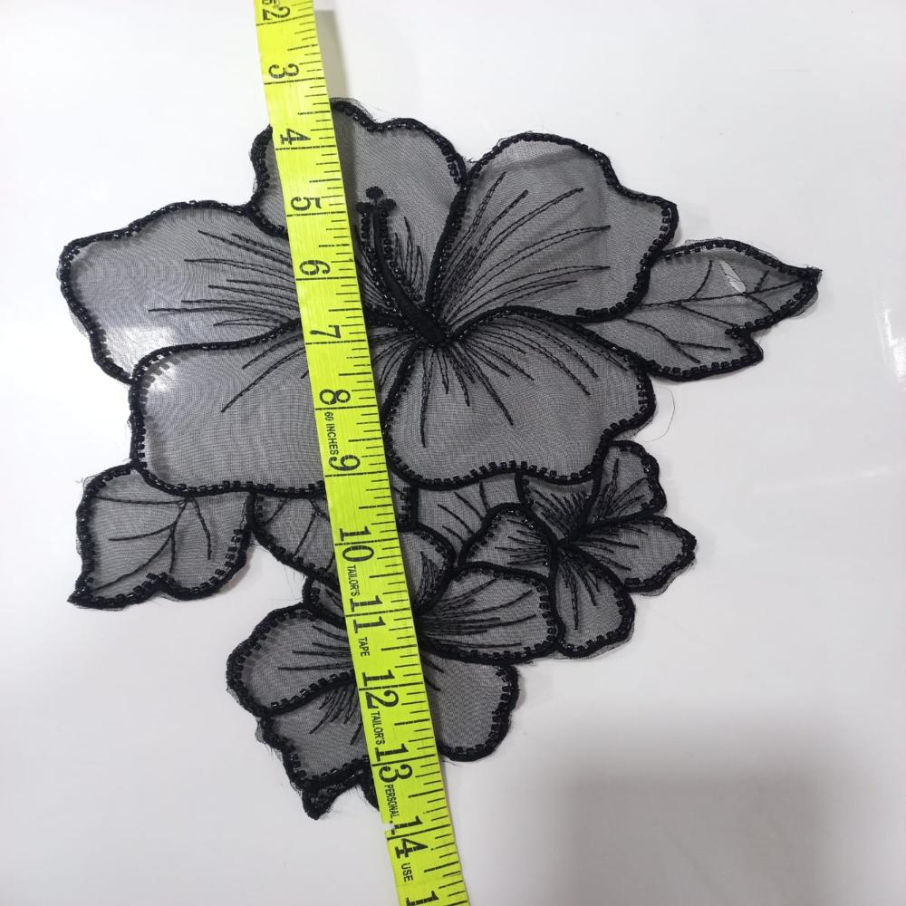 Premium Black Hibiscus Beaded Embroidered Applique