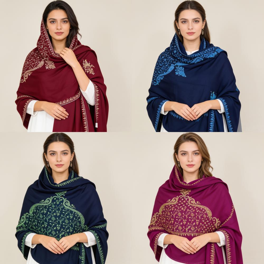 Ladies Kashmiri Hand-Needle(Sozni) Work Border Design Semi Pashmina Shawls - Color: Assorted