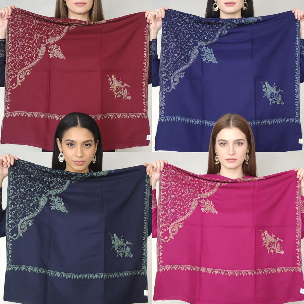 Ladies Kashmiri Hand-Needle(SOZNI) Work Border Design Semi Pashmina Shawls 