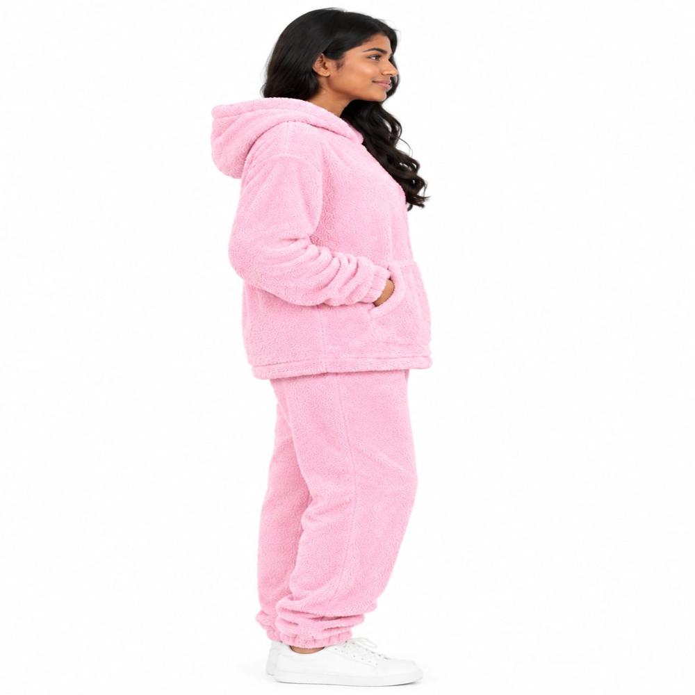 Women Lighty Pink Solid Sherpa Heavy Hooded Woolen Night Suit - Design: Plain