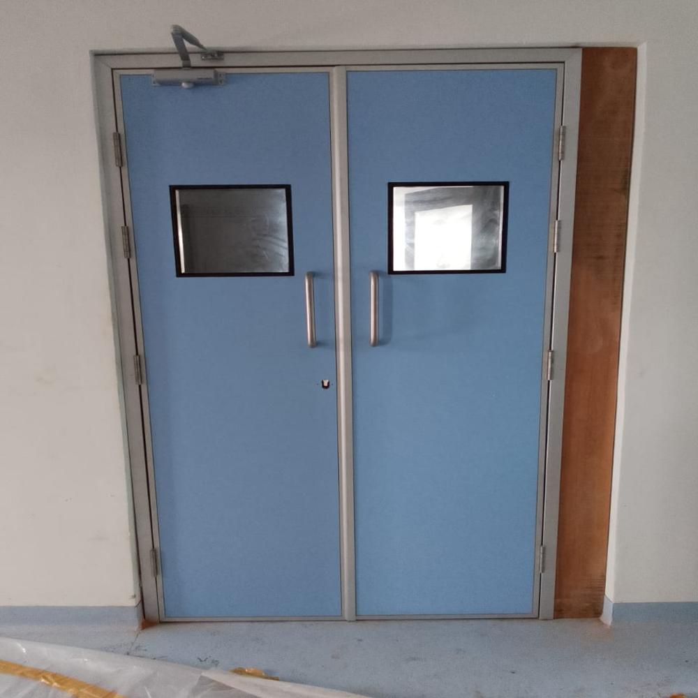 Modular Ot Doors - Stainless Steel, Double Door, Light Blue, Tempered Glass Vision Panel | Automatic Closing, Soundproof, Handicap Accessible